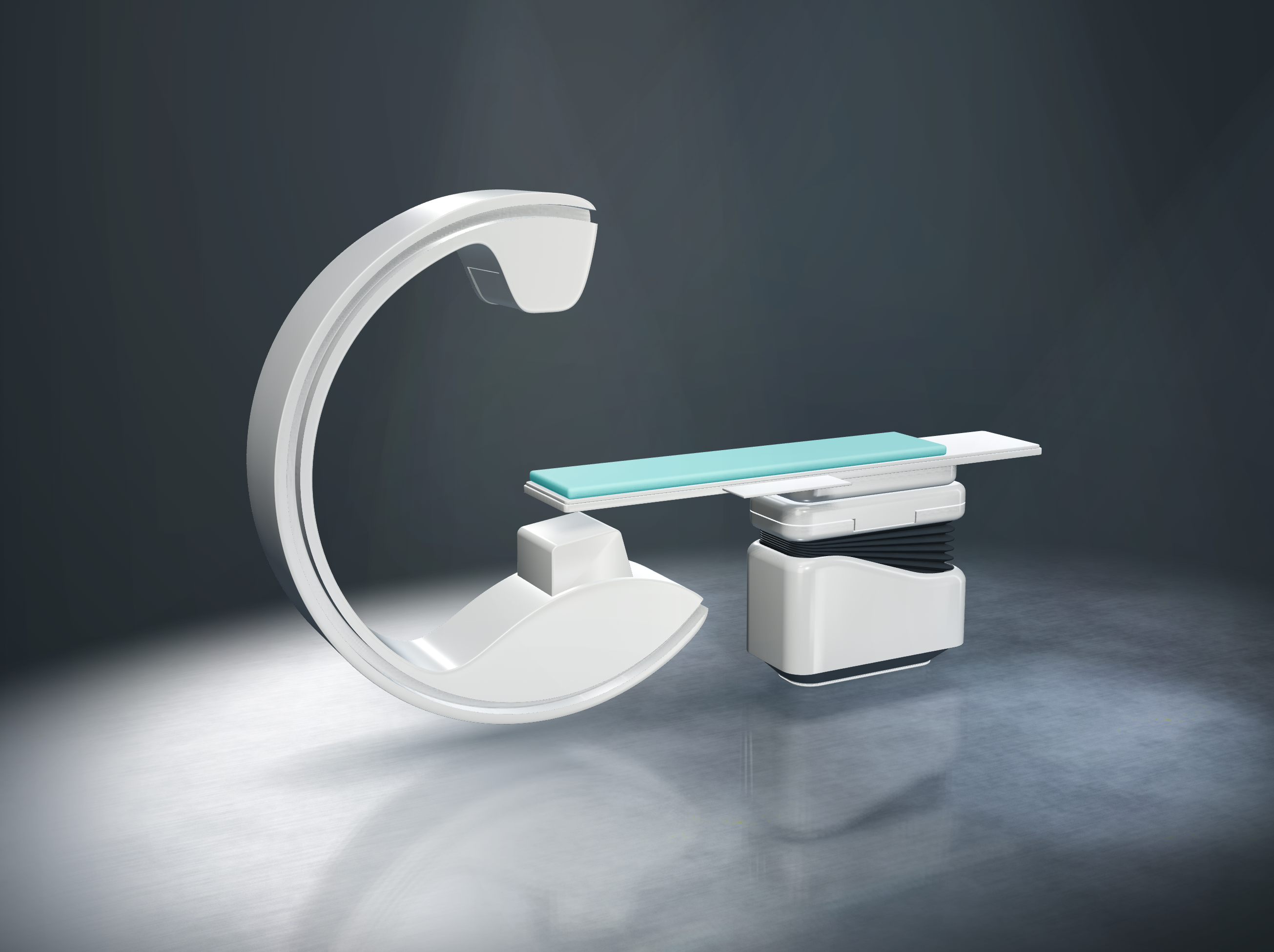 Table d’imagerie blanche satinée, matelas turquoise et arceau sous un éclairage de studio sur sol graphite