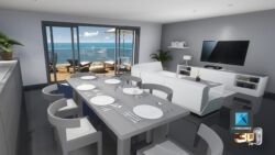 Le séjour d'un appartement T3 en Corse, terrasse avec vue sur la mer