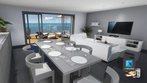 Le séjour d'un appartement T3 en Corse, terrasse avec vue sur la mer