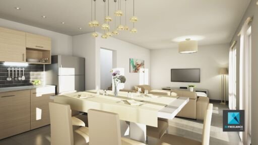 perspective 3d de villa séjour salon freelance 3d