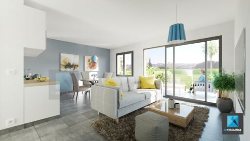 perspective 3d villa séjour - région-paca - cote d'azur - freelance architecture