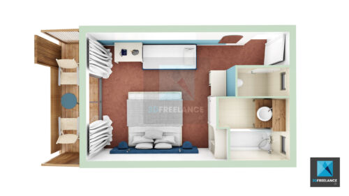 plan 3d axonométrie d'une chambre d’hôtel