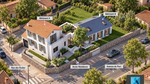 Plan de masse 3D et IA annoté d'un programme immobilier avec bâtiments A et B et voieries