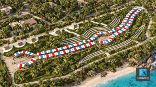 Plan de masse 3D et IA paysager d'un aménagement côtier avec promenade et végétation
