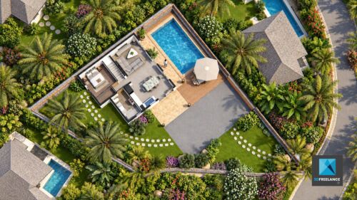Plan de masse 3D et IA d'une villa individuelle avec piscine privative et jardin paysager