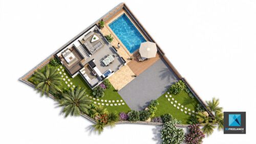 Plan de masse 3D et IA d'une villa individuelle avec piscine privative et jardin paysager