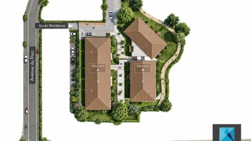 Plan de masse 3D et IA zénithal annoté d'un ensemble résidentiel avec voiries et bâtiments A et B