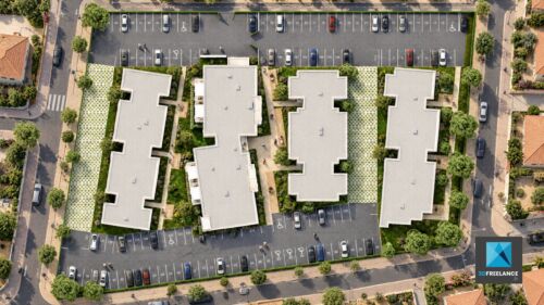 Plan de masse 3D et IA zénithal d'une résidence collective avec parkings et espaces verts
