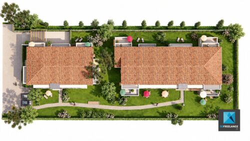 Plan de masse 3D et IA zénithal d'une résidence de deux bâtiments avec terrasses et jardins