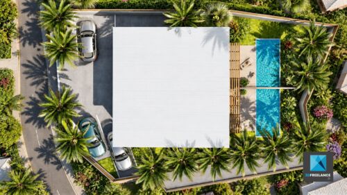 Plan de masse 3D et IA zénithal d'une villa moderne avec piscine couloir de nage et parking