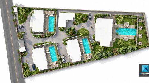 Plan de masse 3D et IA zénithal d'un lotissement de villas de luxe avec piscines privatives