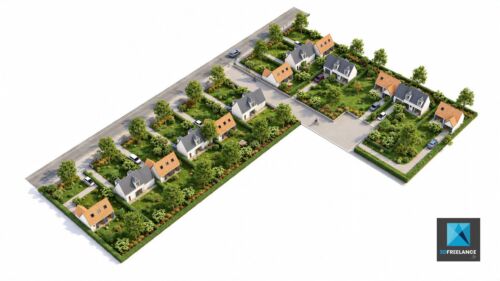 Plan de masse 3D d'un lotissement de maisons individuelles avec jardins et voirie