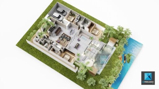 plan de vente - axonometrie plan 3D d'une villa