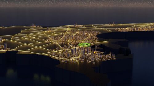 animation 3d survol d'une ville
