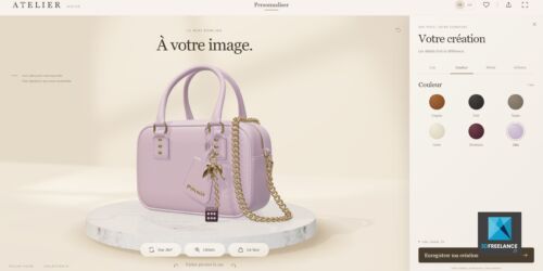 Interface de configurateur 3D WebGL pour sac à main de luxe montrant la personnalisation du cuir, des couleurs et des finitions métalliques en temps réel.