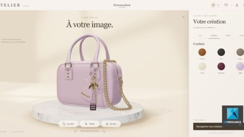 Interface de configurateur 3D WebGL pour sac à main de luxe montrant la personnalisation du cuir, des couleurs et des finitions métalliques en temps réel.