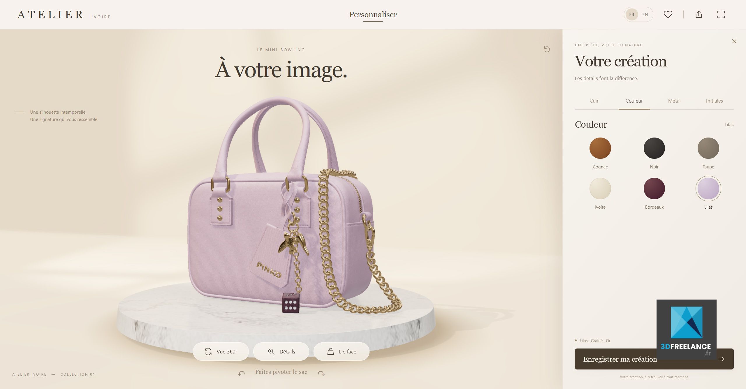 Interface de configurateur 3D WebGL pour sac à main de luxe montrant la personnalisation du cuir, des couleurs et des finitions métalliques en temps réel.