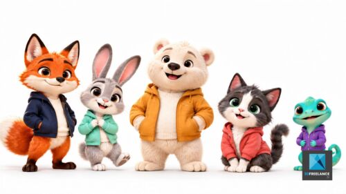 Création de mascotte 3D IA et personnages stylisés (renard, lapin, ours, chat, caméléon) par un illustrateur personnages freelance.