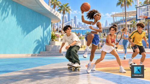 Groupe de jeunes personnages 3D pratiquant le basket, le skateboard, le tennis et le football sur un terrain extérieur