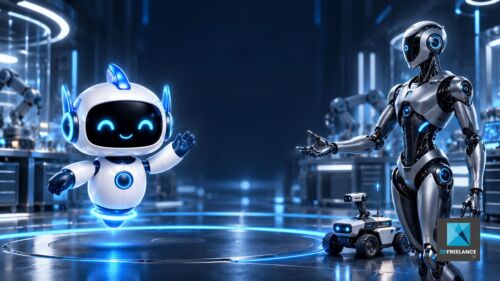 Robots humanoïdes et assistants robotiques générés par intelligence artificielle dans un laboratoire futuriste