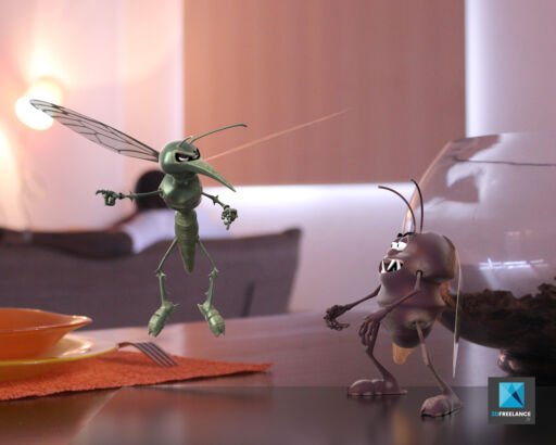 illustration 3d 2 insectes discutent cafard moustique