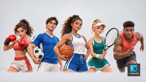 Illustration 3D IA de personnages sportifs (boxe, football, basketball, tennis, course) réalisée par un infographiste 3d freelance.