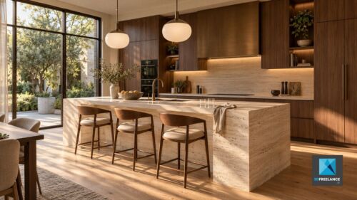Perspective 3D et IA d'une cuisine contemporaine haut de gamme avec îlot central en travertin et meubles en bois sombre