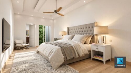 Visuel 3D et IA d'une chambre suite parentale haut de gamme avec lit capitonné et parquet en bois