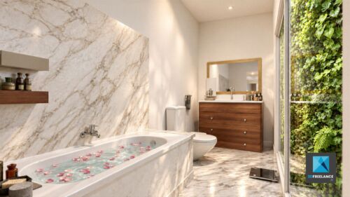 Image de synthèse 3D et IA d'une salle de bain en marbre avec baignoire encastrée et mur végétal extérieur
