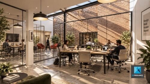 Rendu 3D ia d'agencement de bureaux modernes et espace de coworking style loft avec mur en briques et verrière