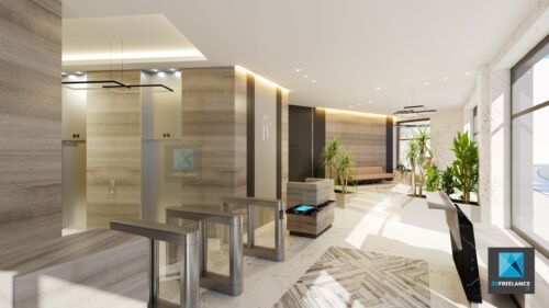 film 3d immobilier bureau - le quatre Puteaux - perspective 3d hall d'accueil