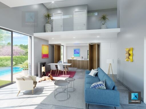 dessin 3d séjour salon villa