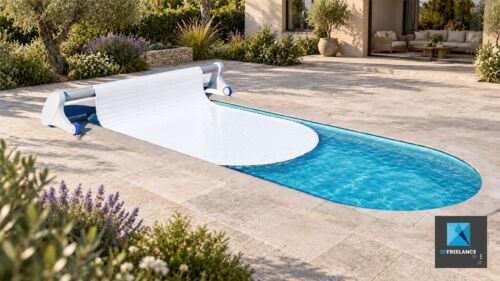 Insertion 3D et IA d'une piscine avec extrémités arrondies et volet roulant mobile sur roulettes.