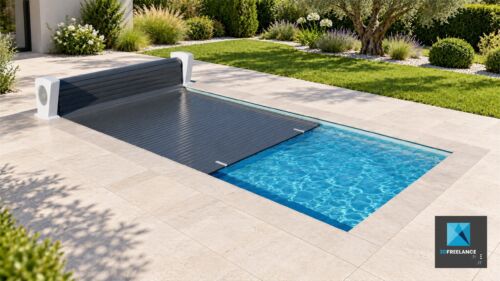 Modélisation 3D et génération IA d'un volet roulant de piscine gris anthracite avec bornes design.