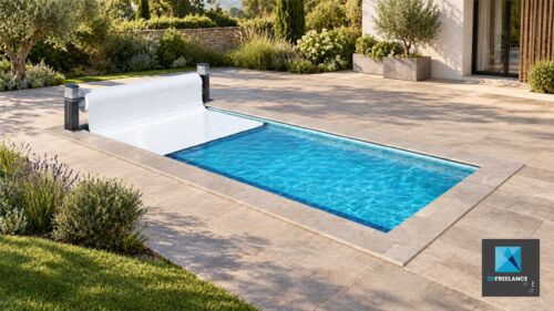 Rendu 3D et IA d'une piscine rectangulaire avec volet roulant motorisé blanc sur bornes et terrasse en travertin.