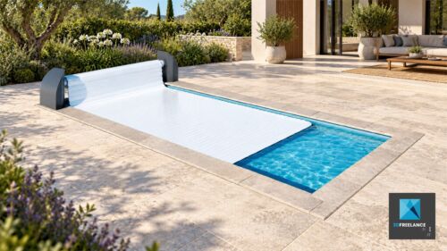Rendu photoréaliste 3D et IA d'un enrouleur de volet roulant de piscine sur-mesure dans une villa moderne.