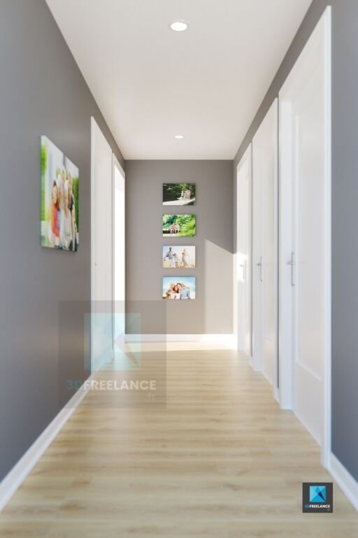 image 3d perspective rendu couloir avec des tableaux