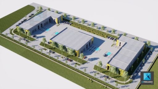 site industriel - parc d'activité - plan 3D - axonométrie - plan de masse 3D - rendu 3D Image perspective