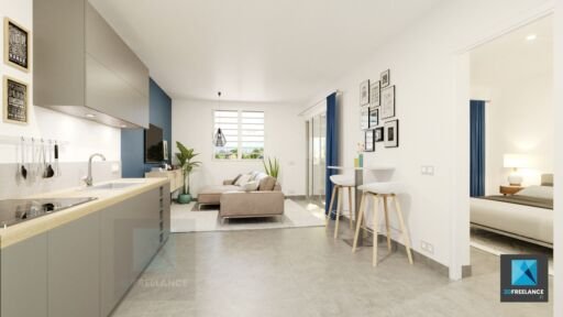 perspective 3d séjour salle à manger appartement Guyane française