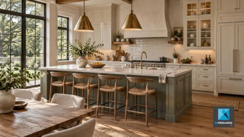 Image de synthèse 3D et IA d'une cuisine ouverte style campagne chic avec îlot central vert olive et tabourets en bois