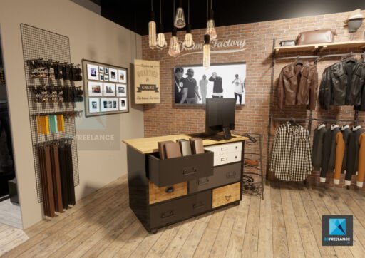 perspective 3d modélisation boutique de vêtements jeans