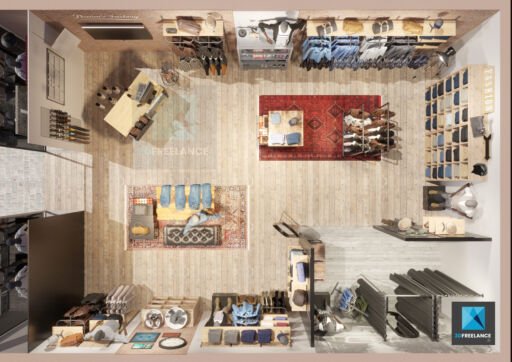 plan 3d modélisation magasin de vêtements jeans - axonométrie 3D