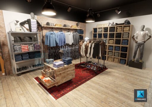 rendu 3d modélisation boutique de vêtements jeans
