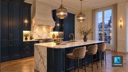 Visualisation 3D et IA d'une cuisine de luxe bleu nuit dans un appartement haussmannien avec îlot en marbre blanc