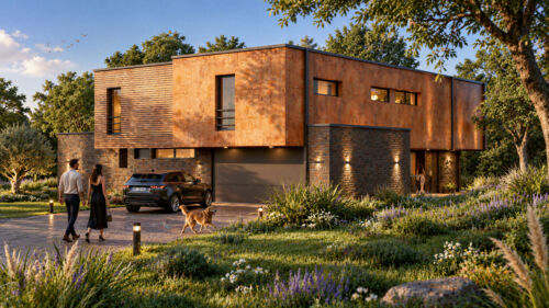 image 3d villa moderne freelance - bardage acier Corten - martine giard architecte