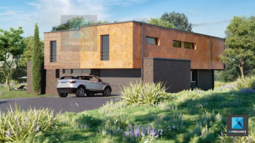 image 3d villa moderne freelance - bardage acier Corten - martine giard architecte