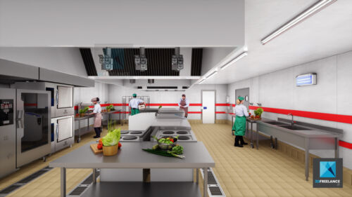dessin 3d cuisine restauration collective - cuisine de production
