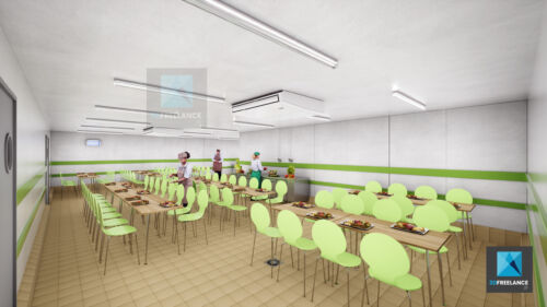 image 3d salle de restauration collective - cantine rendu 3d
