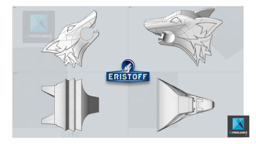 modélisation 3d porte bouteille vodka Eristoff - tête de loup