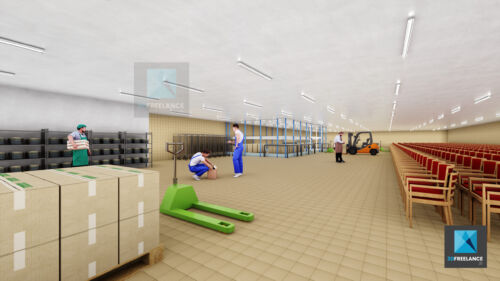 rendu 3d cuisine de production zone de stockage
